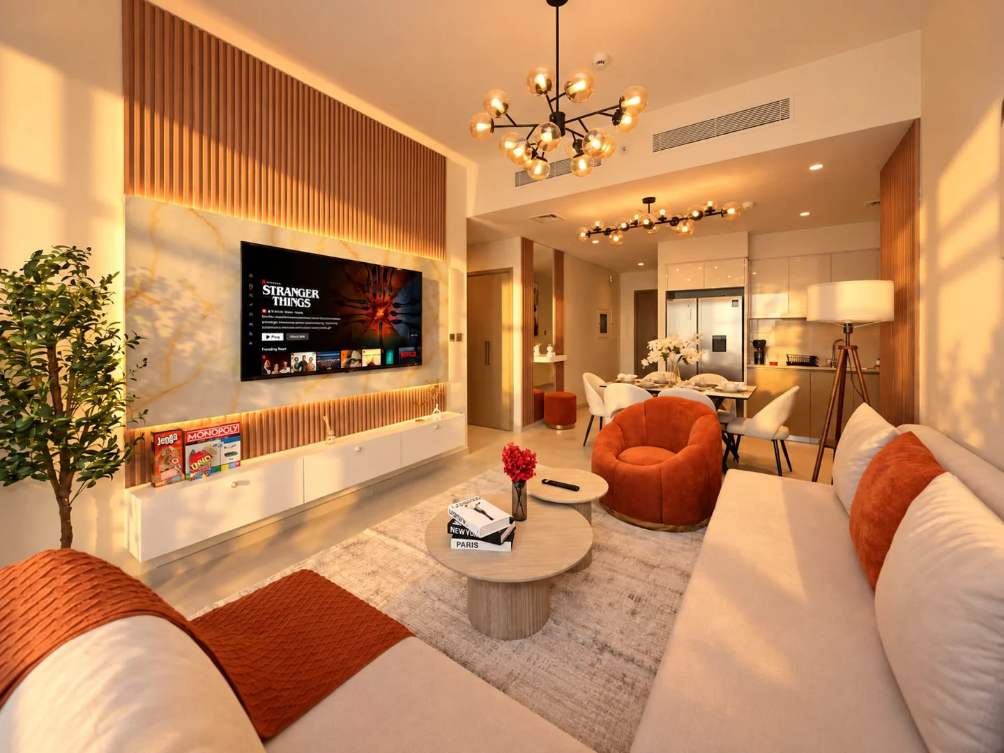 Contemporary living and dining room with warm sunset light