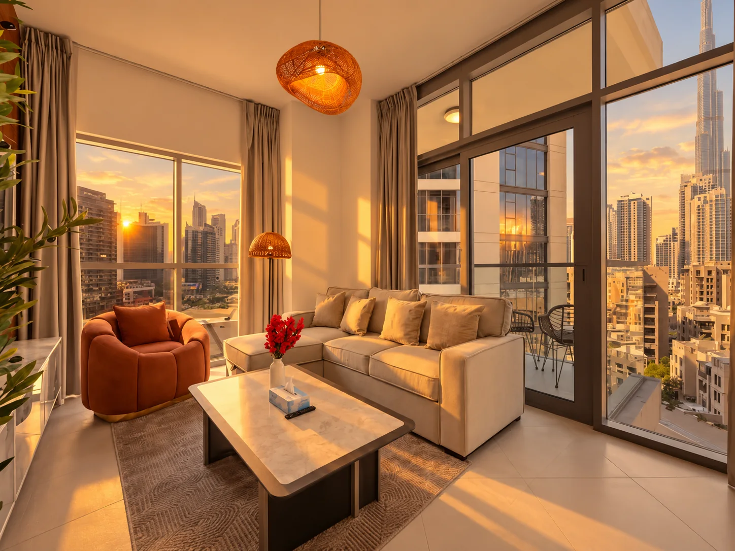 Open living room with sunset views across the Dubai skyline