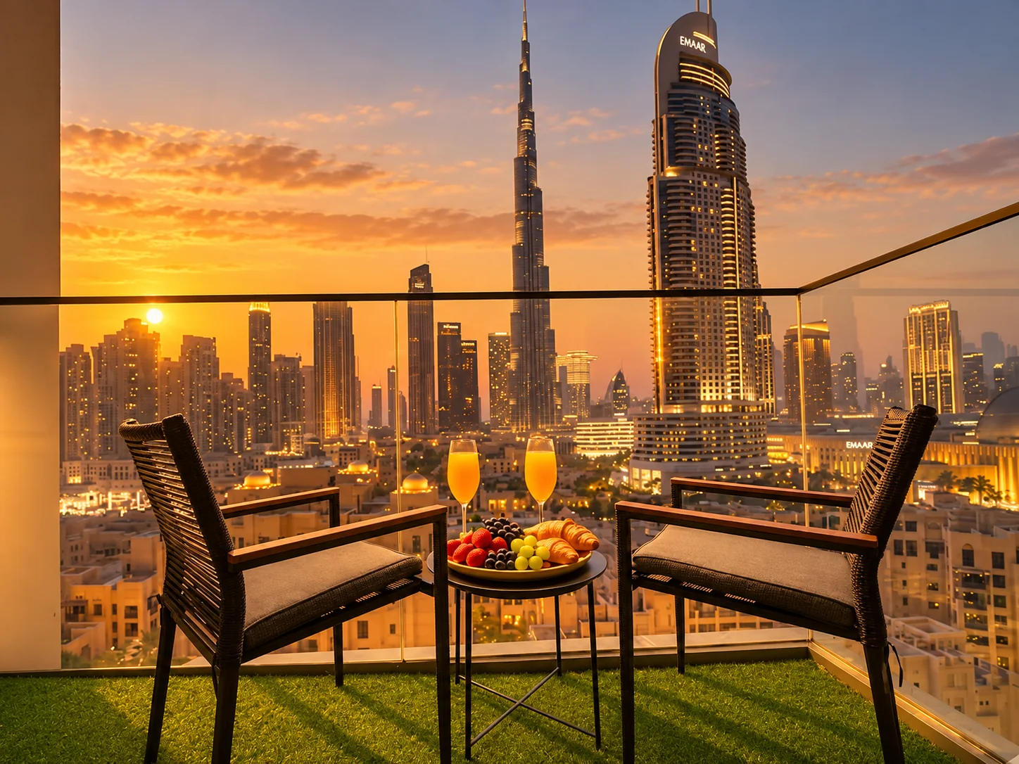 Balcony breakfast overlooking the Burj Khalifa at sunset