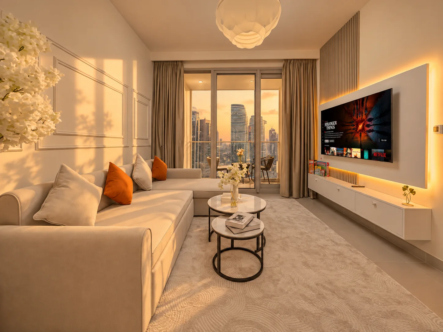Soft-toned living room with skyline views through full-height windows
