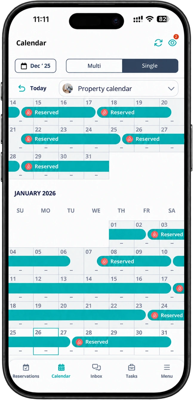 Anonymised owner portal calendar showing reservations and property availability