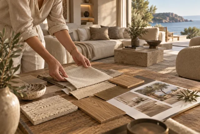 Interior designer selecting fabrics and furnishing materials