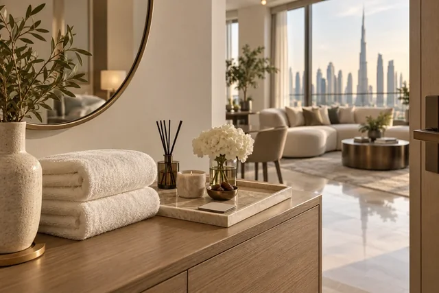 Guest-ready welcome tray and fresh towels
