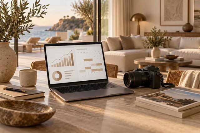 Laptop with booking calendar and performance charts