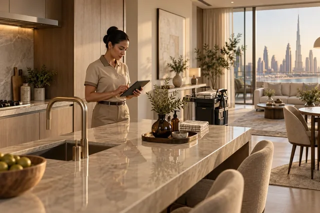Property care professional checking a home with a tablet