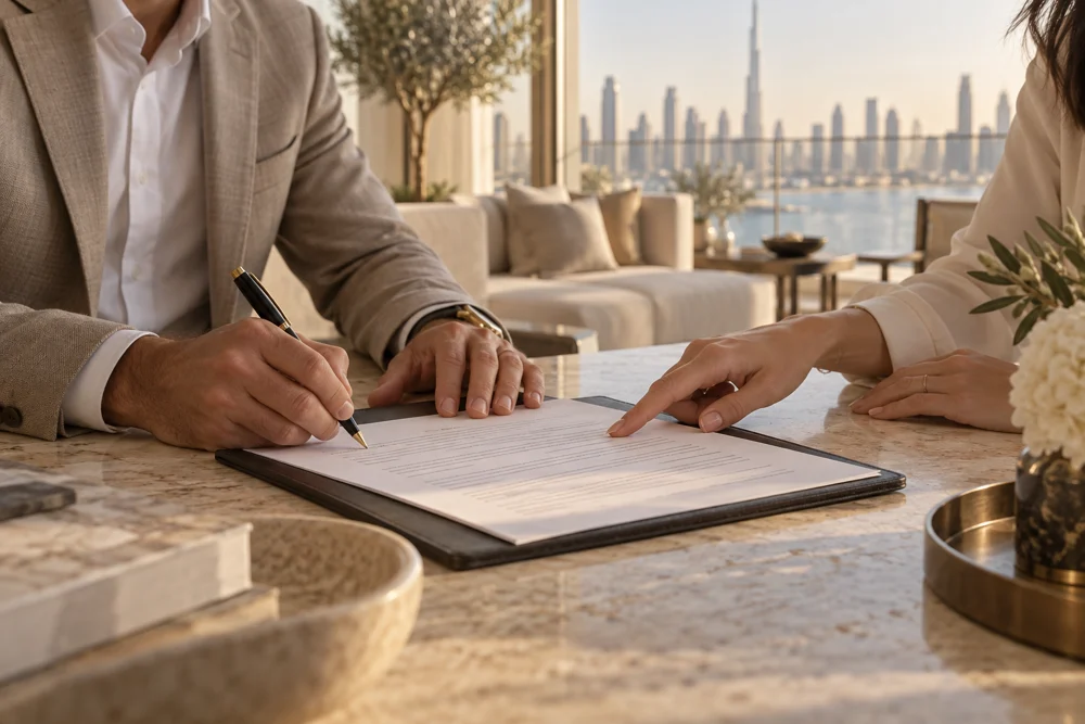 Owner and management team reviewing a property agreement